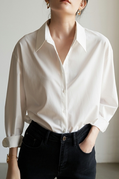 Slim First Long Sleeve Shirts Lapel Neck Button Down Shirt In White