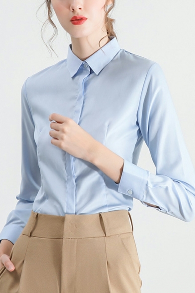 Long Sleeve Lapel Neck Shirts Plain Button Down Slim Fit Shirts