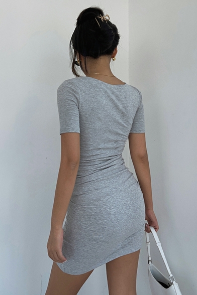 Modern Girl's Pure Color Short Sleeve Extra Slim Fit Scoop Neck Dresses