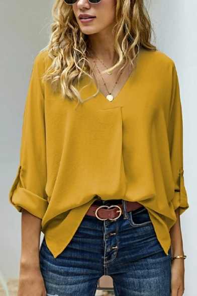 Modern Girl's Pure Color Trendy Long Sleeves V Neck Loose Shirt
