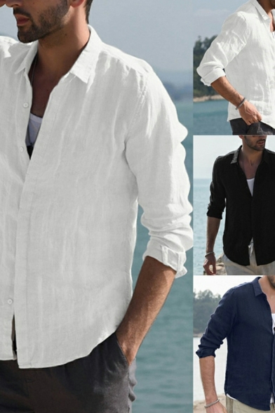 Trendy Men's Pure Color Long Sleeved Loose Button-down Shirt