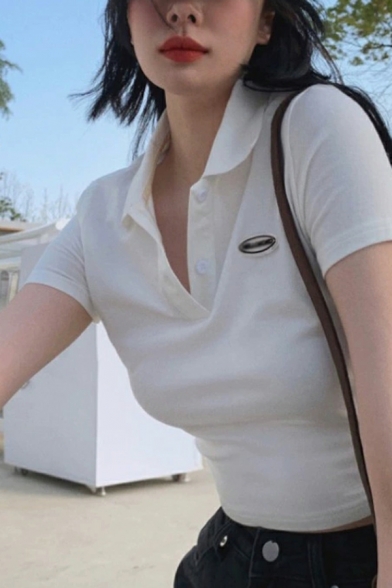 Modern Girl's Pure Color Notch Collar Short Sleeve Fitted Polo Shirt