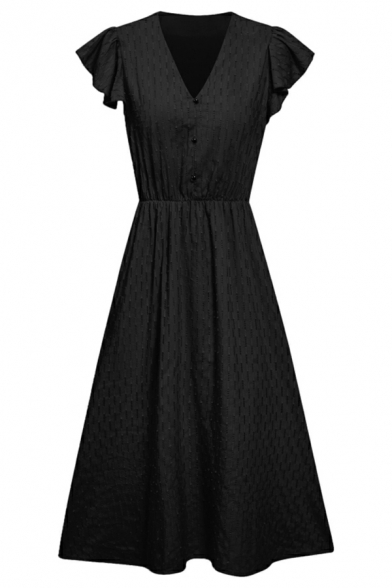 Short Sleeve V-Neck Dress Long Length Plain Slim Fit Dress