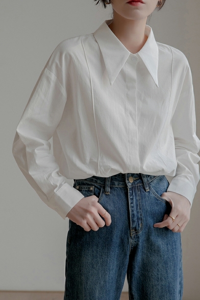 Lapel Neck Loose Fit Shirts Plain Long Sleeve Cotton Blends Shirts