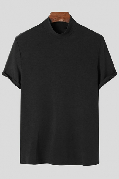 Modern Men's Pure Color Short Sleeve Slim Fitted High Neck T-Shirt