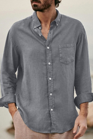 Trendy Men's Vertical Whole Color Button Closure Long Sleeve Shirt