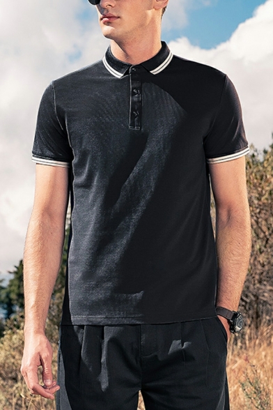 Urban Men‘s Stripe Print Button Detail Spread Collar Regular Fit Polo Shirt