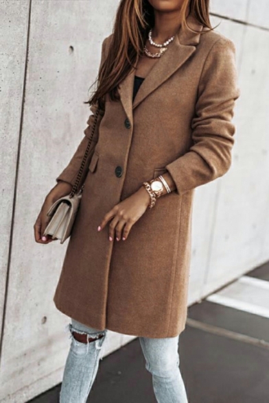Long Sleeve Lapel Neck Coat Plain Long Length Women’s Coat