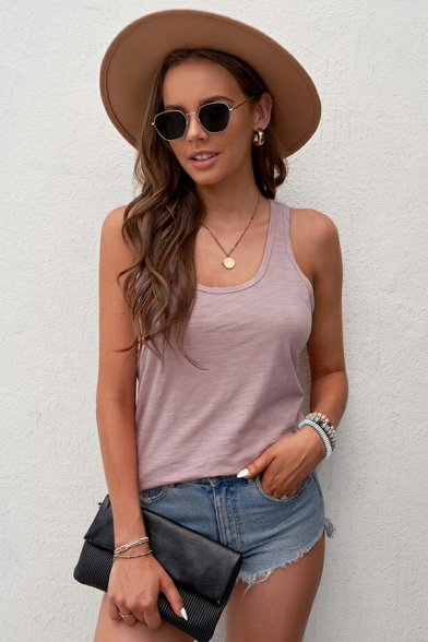 Stylish Girl's Pure Color Casual Loose Round Neck Sleeveless Tanks