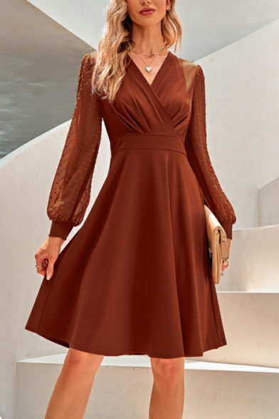 V-Neck Long Sleeve Dress Mid Length Plain Slim Fit Dress