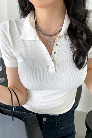 Modern Girl's Pure Color Short Sleeve Breasted Extra Slim Fit Polo Shirt