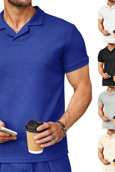 Street Style Men‘s Pure Color Button Detail Spread Collar Regular Fit Polo Shirt