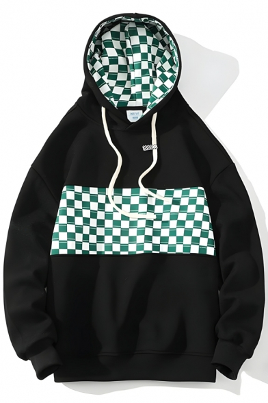 Casual Men’s Grid Printed Cotton Hooded Long Sleeve Hoodie With Pockets