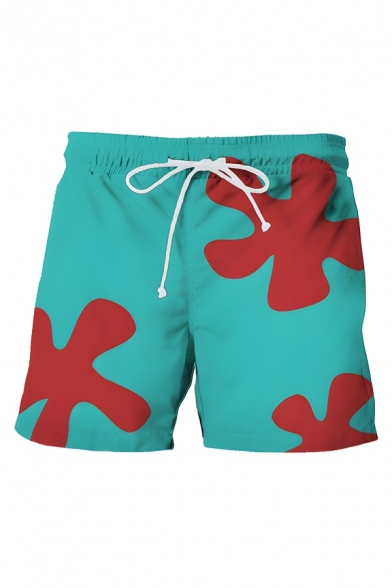 Cute Men’s Floral Printed Slim Fit Polyester Short Swim Shorts With Drawstring Fastening
