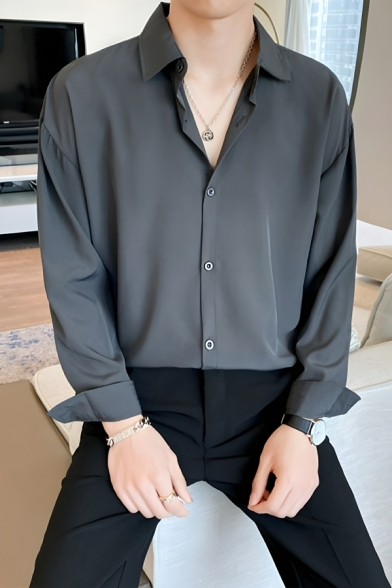 Elegant Men’s Relax Fit Plain Lapel Neck Long Sleeve Button-down Shirt