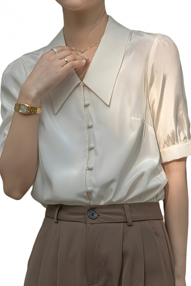 Fashionable Girl's Pure Color Short Sleeve Breasted Lapel Blouses