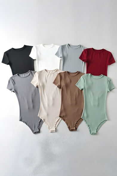 Modern Girl's Simple Pure Color Round Neck Short Sleeve Street Looks Bodysuits