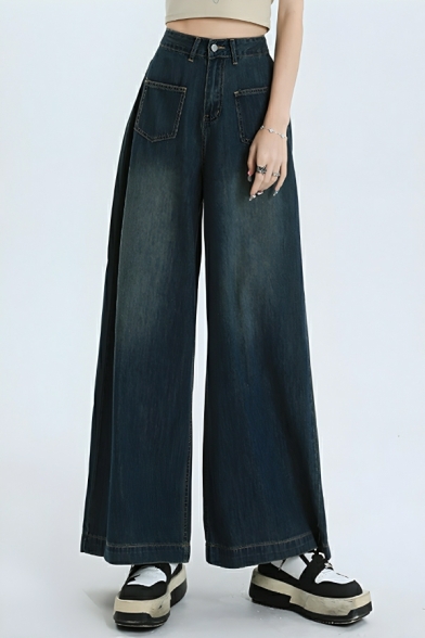 Cool Girl's Pure Color High Rise Street Looks Straight Leg Pants Jeans