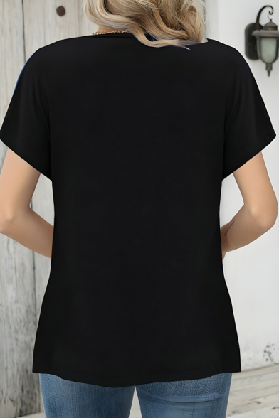 Modern Girl's Simple Patchwork V Neck Short Sleeve Street Looks T-Shirt