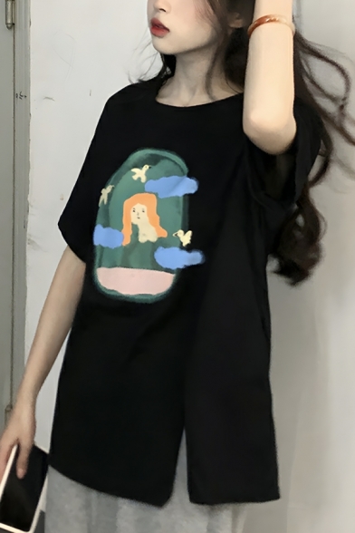 Simple Girl's Cartoon Figure Print Round Neck Short Sleeve T-Shirt