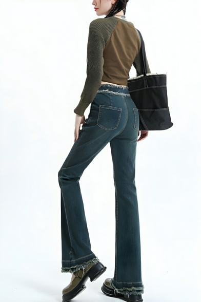 Popular Girl's Pure Color Edgy Looks High Rise Straight Jeans