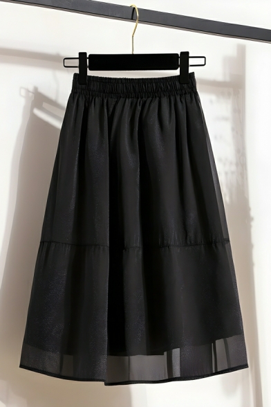 Street Style Girl's Pure Color Summer A-Line High Waist Maxi Mesh Skirt