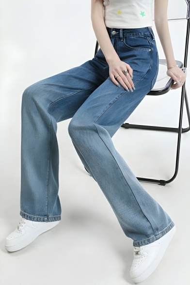 Chic Girl's Pure Color High Rise Street Looks Straight Leg Pants Jeans