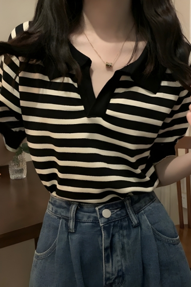 Feminine Girl's Stripe Printed Summer V Neck Short Sleeve Polo Shirt