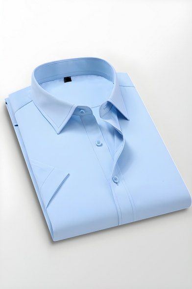 Trendy Men’s Slim Fitted Plain Short Sleeve Lapel Neck Shirt With Pocket