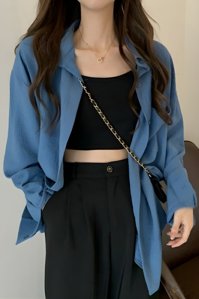 Feminine Girl's Pure Color Long Sleeve Breasted Lapel Blouses