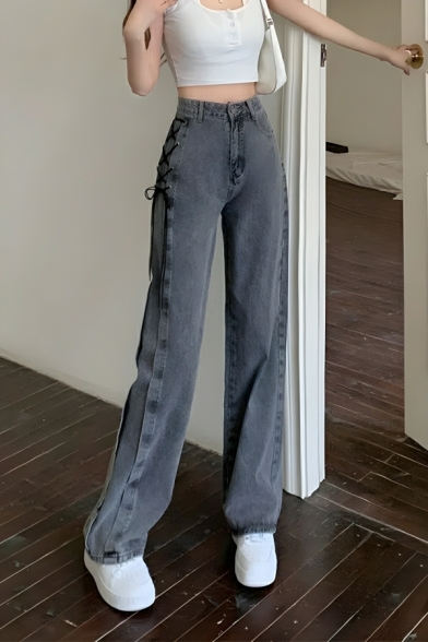 Retro Girl's Pure Color Street Looks Straight Leg Pants High Rise Jeans