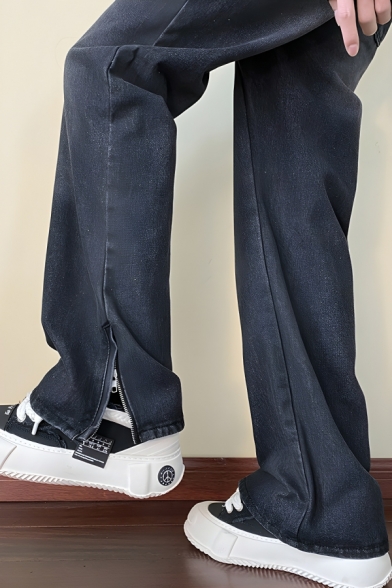 Casual Men’s Plain Pattern Long Length Split Cuff Baggy Jeans