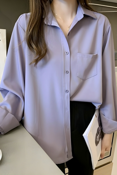 Fashionable Girl's Pure Color Long Sleeve Breasted Lapel Blouses