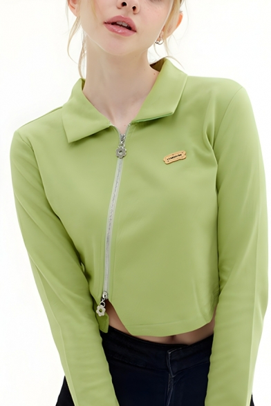 Modern Girl's Simple Pure Color Polo Collar Long Sleeve Street Looks Polo Shirt