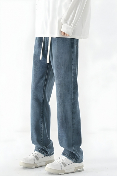 Classic Men’s Plain Straight-Leg Full Length Jeans With Drawstring Fastening