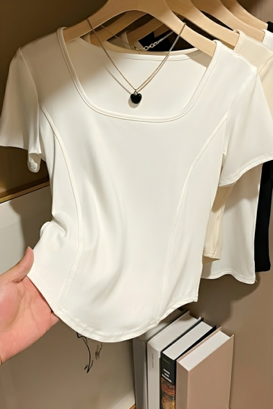 Modern Girl's Simple Square Neck Pure Color Short Sleeve Street Looks Tee