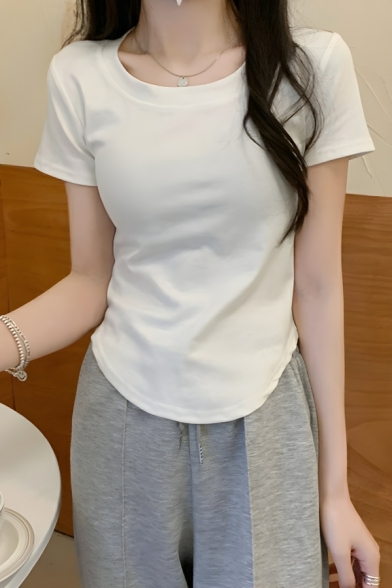 Modern Girl's Simple Whole Color Short Sleeve Street Looks T-Shirt