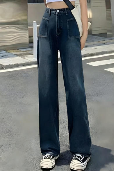 Simple Girl's Pure Color High Rise Street Looks Straight Leg Pants Jeans