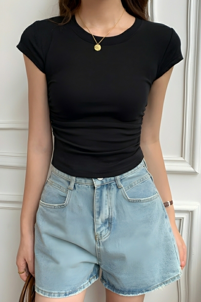 Chic Girl's Simple Pure Color Short Sleeve Street Looks T-Shirt