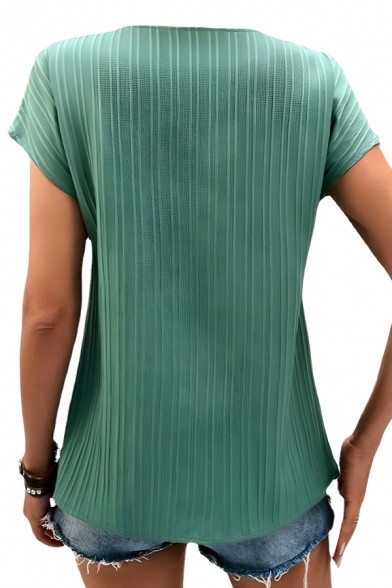 Modern Girl's Simple Button V Neck Short Sleeve Street Looks T-Shirt