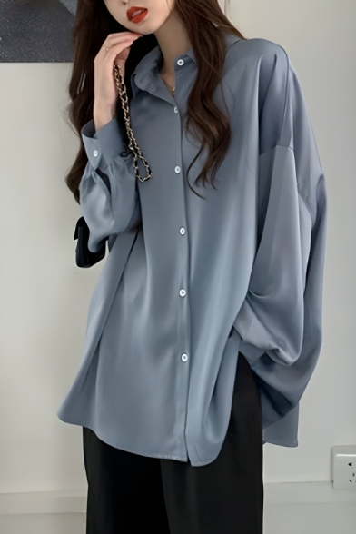 Street Style Girl's Pure Color Chiffon Button Lapel Shirts