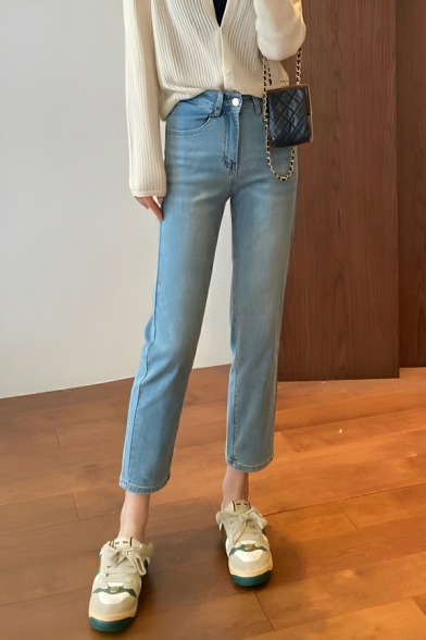 Modern Girl's Pure Color Edgy Looks High Rise Straight Jeans