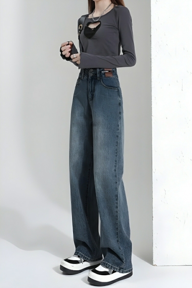 Casual Girl's Pure Color High Rise Street Looks Straight Leg Pants Jeans