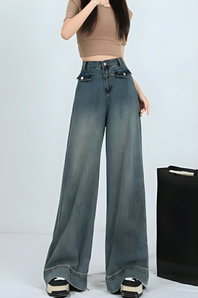 Fashionable Girl's Pure Color High Rise Street Looks Straight Leg Pants Jeans