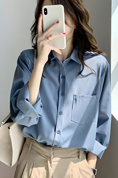 Fashionable Girl's Pure Color Long Sleeve Breasted Lapel Blouses