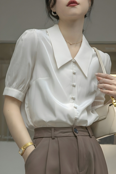 Fashionable Girl's Pure Color Short Sleeve Breasted Lapel Blouses