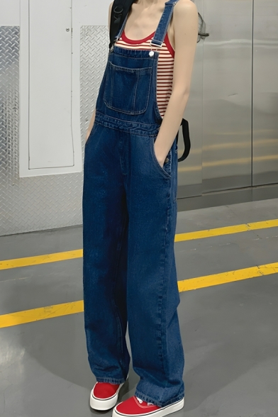 Modern Girl's Pure Color High Waist Pocket Design Denim Overalls