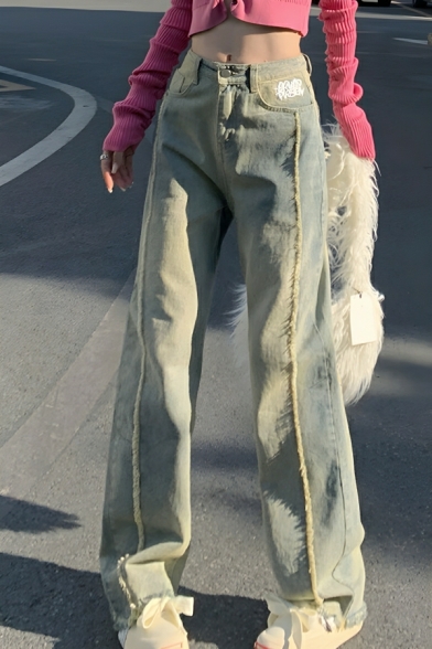 Feminine Girl's Pure Color High Rise Street Looks Straight Leg Pants Jeans
