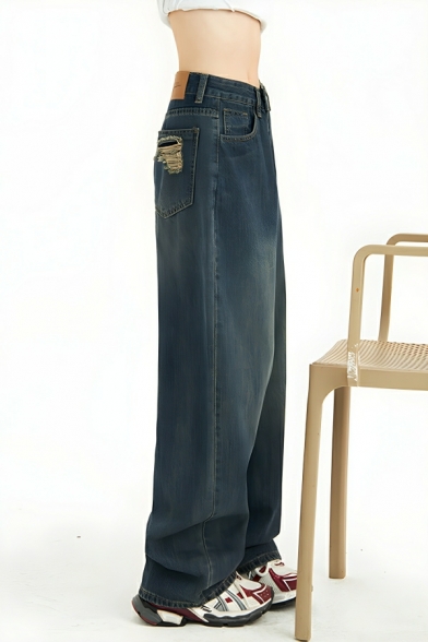 Retro Girl's Pure Color High Rise Street Looks Straight Leg Pants Jeans