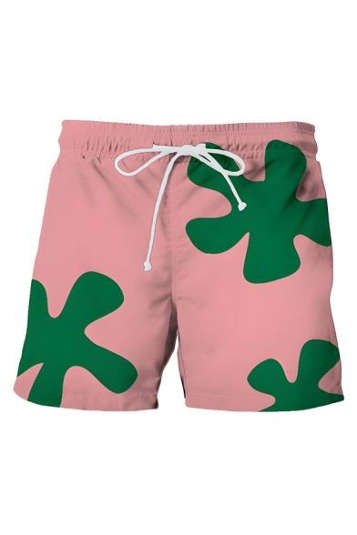 Cute Men’s Floral Printed Slim Fit Polyester Short Swim Shorts With Drawstring Fastening